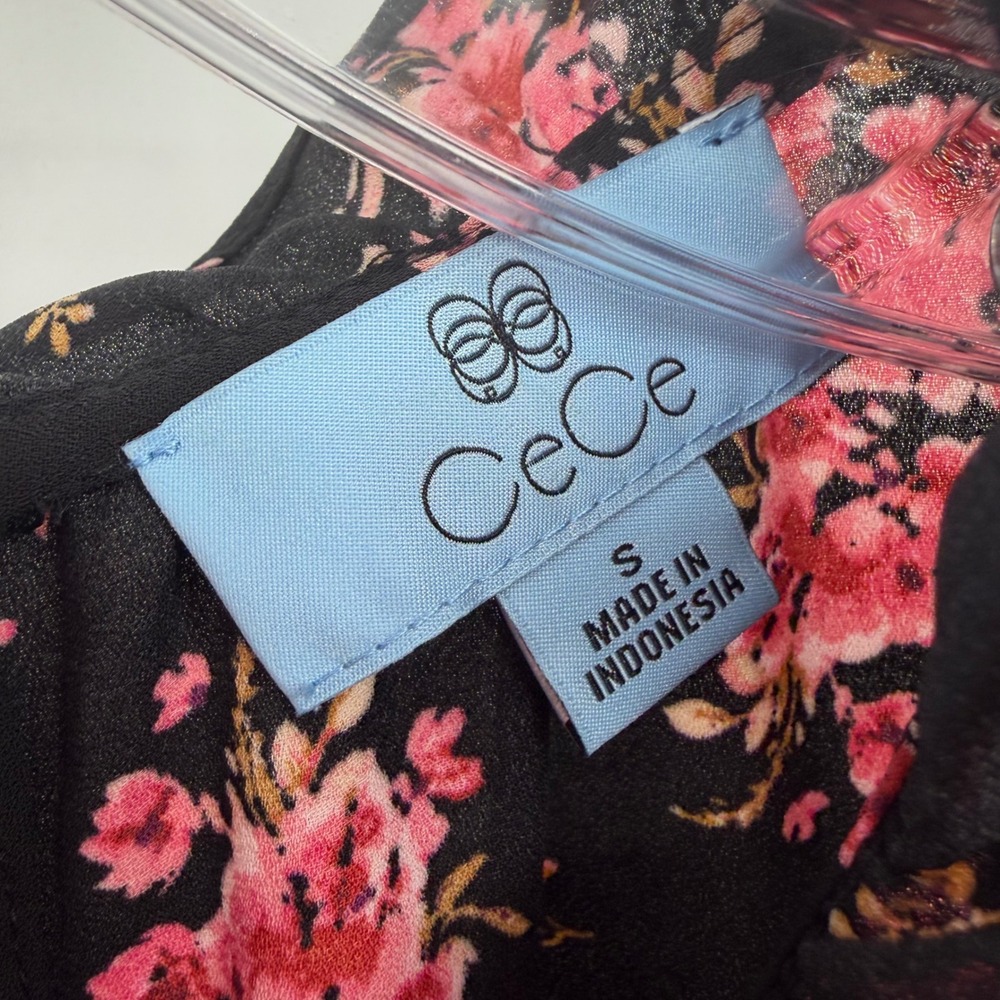 CeCe Blouse Women Small Black Floral Ruffle Flutter Sleeve Cottagecore Feminine - Picture 3 of 10